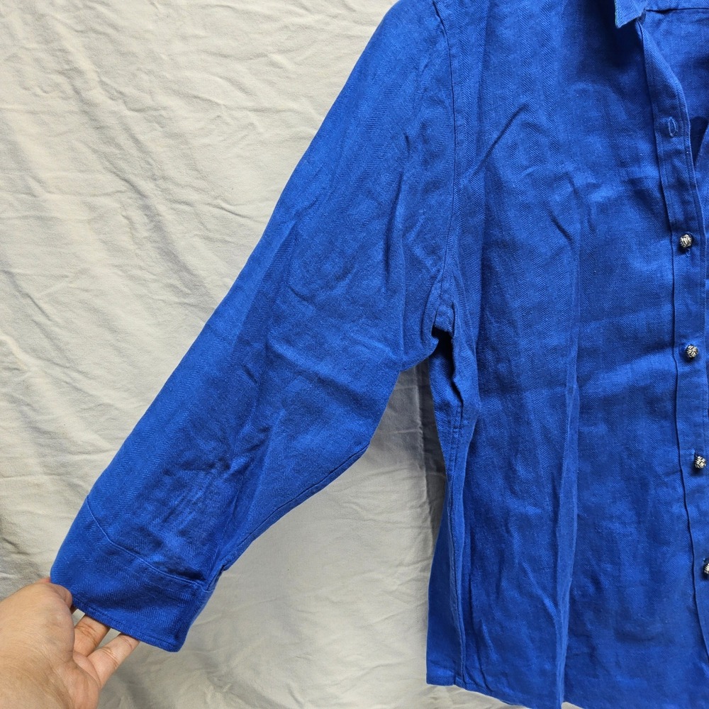 Lauren Ralph Lauren Button Down Women XL Blue Linen Embroidered Crest 3/4 Sleeve - Picture 8 of 10